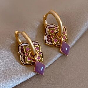 Gold Hoop Enamel Earrings Vintage Floral Drop Statement Earrings Purple Charm
